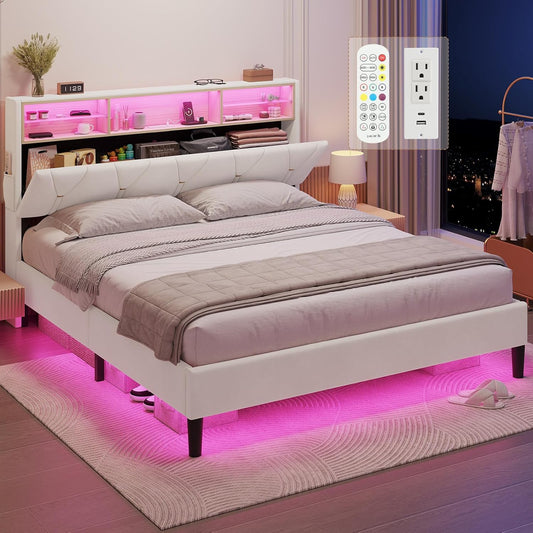 LED Full Bed Frame with Type-C & USB Charging Station, Full Size Bed Frame with Storage Headboard, Modern Velvet Upholstered Platform Bed with Shelf Headboard, Noise-Free, Creamy White