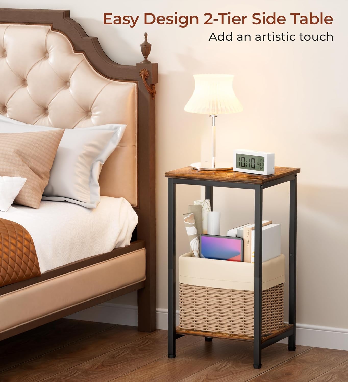 Small Side Table for Small Space End Tables for Living Room, 2-Tier Storage Shelf Night Stand, Sofa Bedroom Bedside Table Nightstand Storage, Rustic Brown