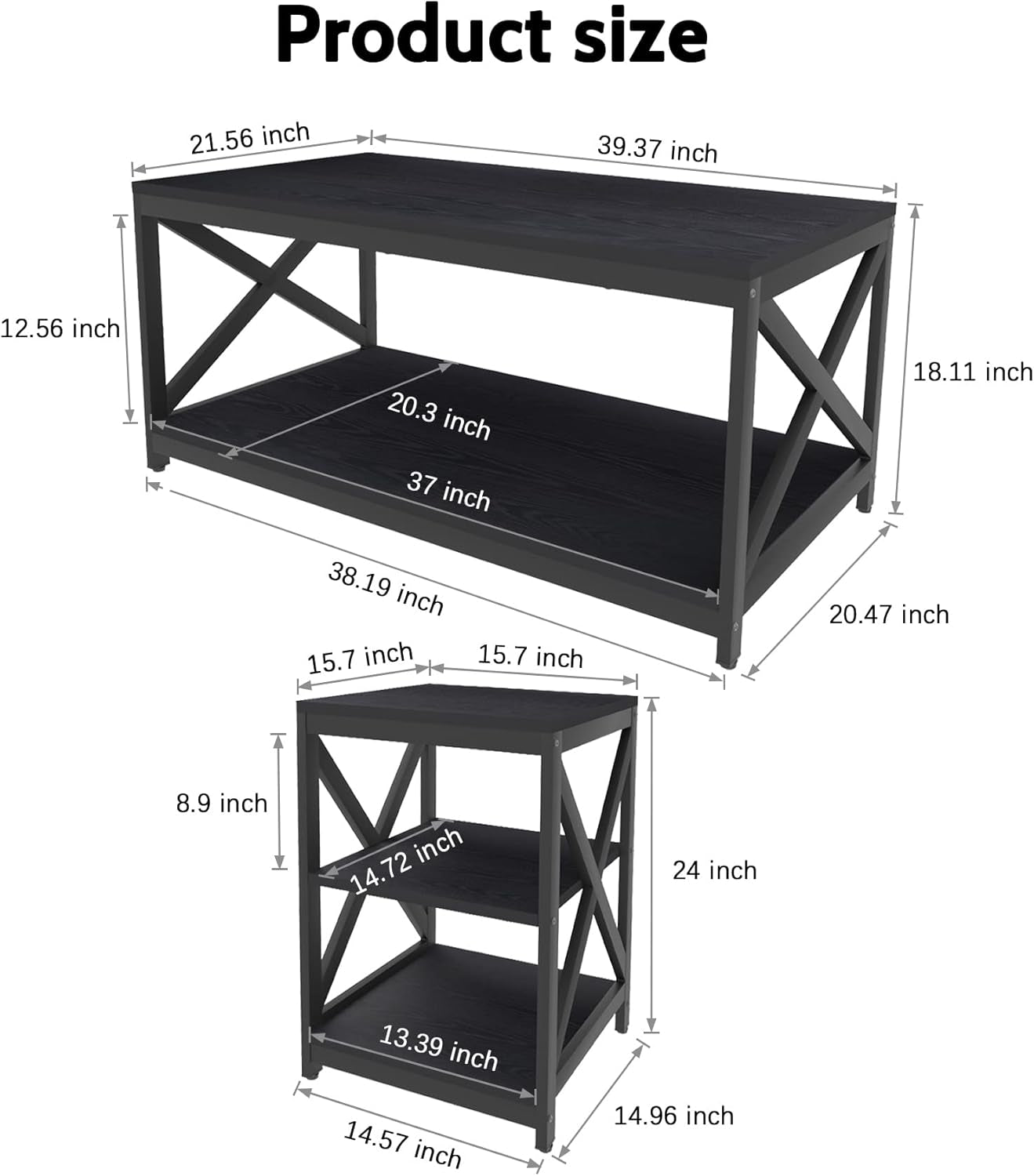 Living Room Coffee Table Set of 3, Industrial X-Design Coffee Table and 2 End Side Tables, 3 Piece Living Room Table Set with Large Storage for Apartment Home (Black)