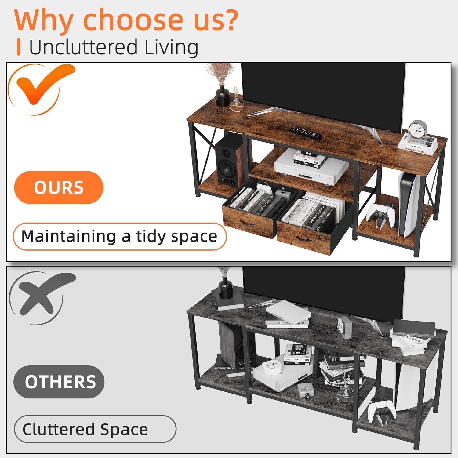 TV Stand with Fabric Drawers for 65 70 75 Inches TV - Entertainment Center and Industrial TV Console Table with Open Storage Shelves for Living Room, Bedroom - 63" Rustic Brown