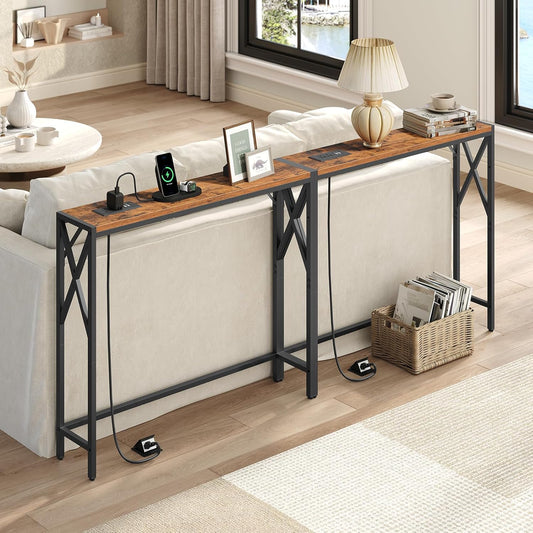 70.8'' Narrow Sofa Table with Charging Station, 2 Pack Skinny Console Table, Long Entryway Hallway Couch Table with Power Outlets, Rustic Brown CTHR152E01S2