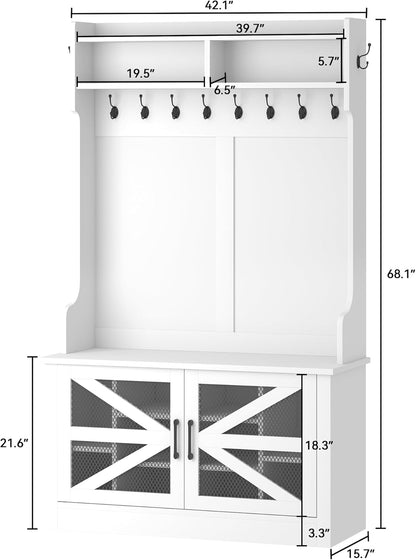 42" Wide Hall Tree with Shoe Storage, Farmhouse Entryway Bench with Coat Rack, 10 Shoe Cubbies with Adjustable Shelves & 10 Coat Hooks, Shoe Storage Bench for Entryway Hallway (White)