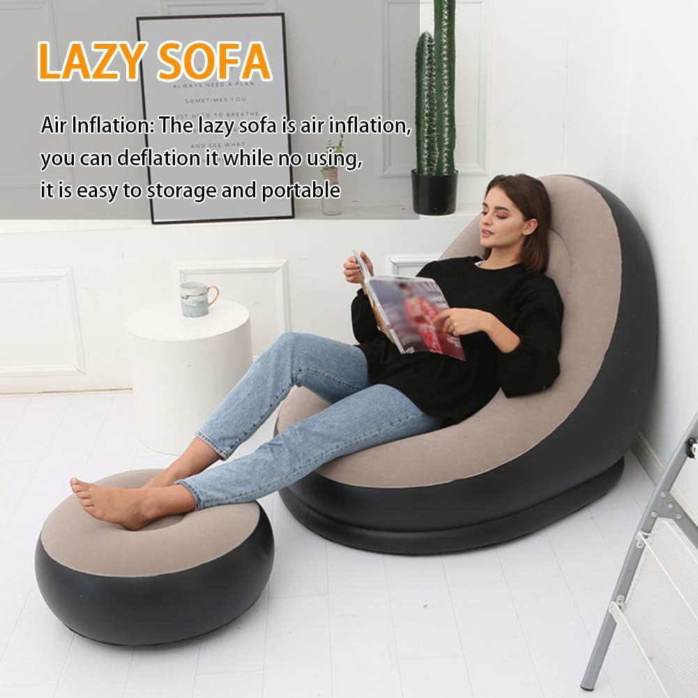 Inflatable Lounge Chair for Adults, Folding Portable Lazy Sofa with Foot Stool Lazy Flocking Recliner Chair Air Couch Sofa for Indoor Outdoor Travel Camping（No Pump）