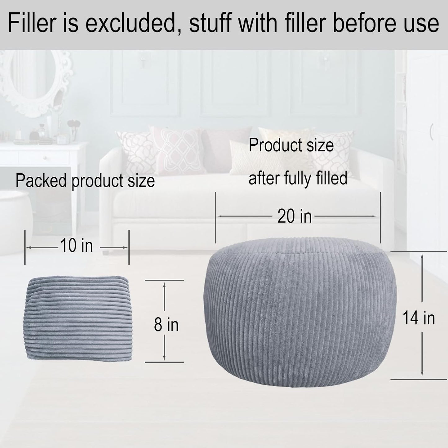 Unstuffed Ottoman Pouf Cover, Foot Rest Cover, Bean Bag Chair Cover (Gray)