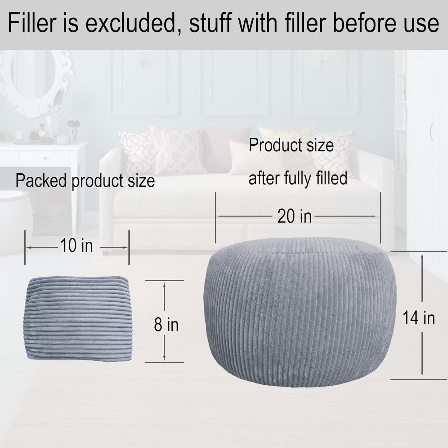 Unstuffed Ottoman Pouf Cover, Foot Rest Cover, Bean Bag Chair Cover (Gray)