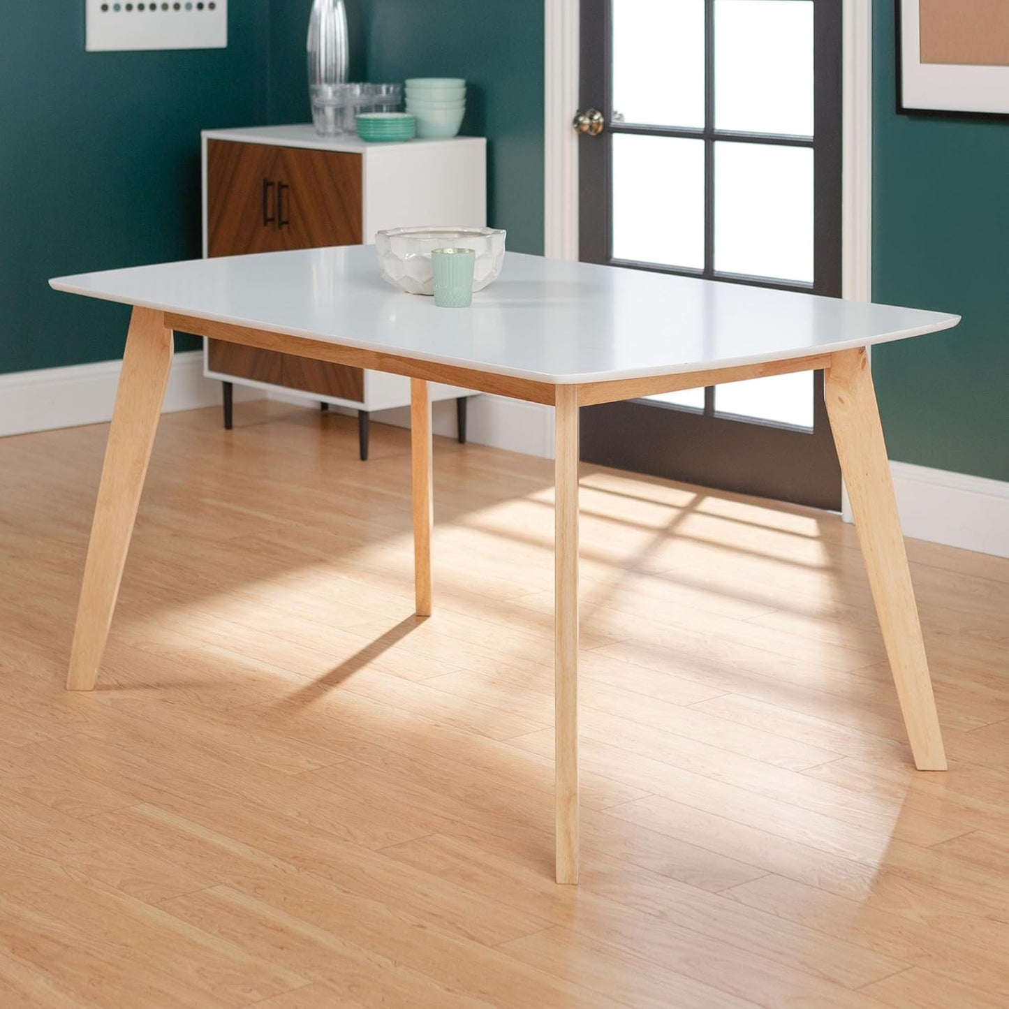Mid Century Modern Wood Table Dining Room Kitchen Set Dining Chairs, 60 Inch, 6 Person , White and Natural