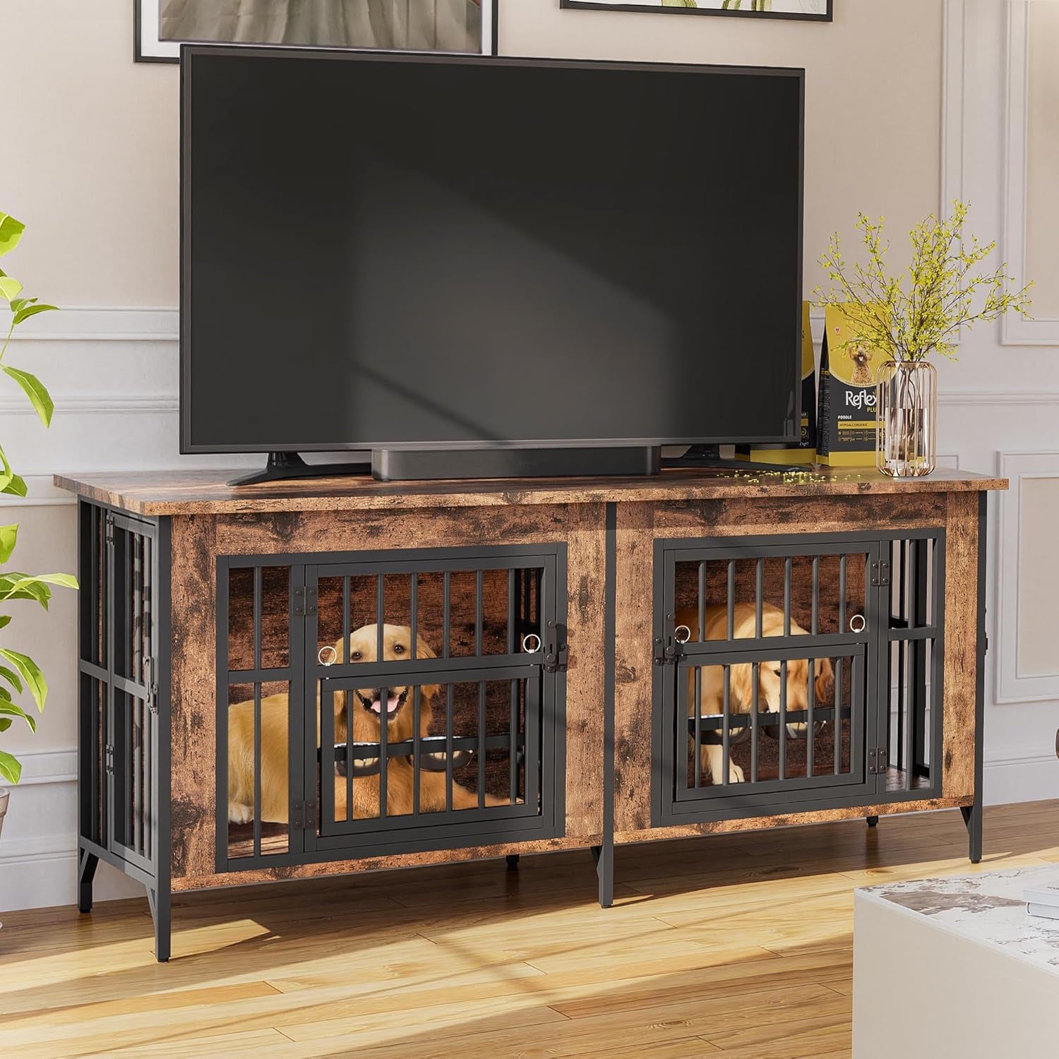 63" Dog Crate Furniture for 2 Dogs, Large Dog Kennel with 360° Rotating Feeder Bowls, Indoor Double Dogs Crates with 4 Doors, Wooden Crate TV Stand with Removable Divider