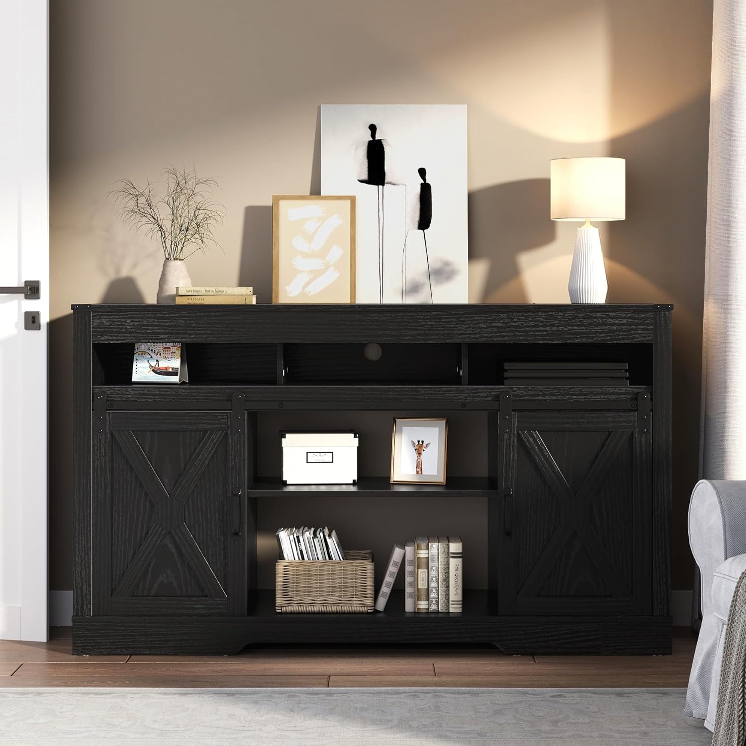 Farmhouse TV Stand for 65+ Inch TV, Tall Entertainment Center with Storage Cabinets and Sliding Barn Doors, Mid Century Modern Media TV Console Table for Living Room (Black)