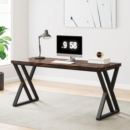 Writing Computer Desk, 55 Inch Heavy Duty Study Desk with Z-Shaped Metal Leg, Modern Simple Home Office Computer Desk, Rustic Brown