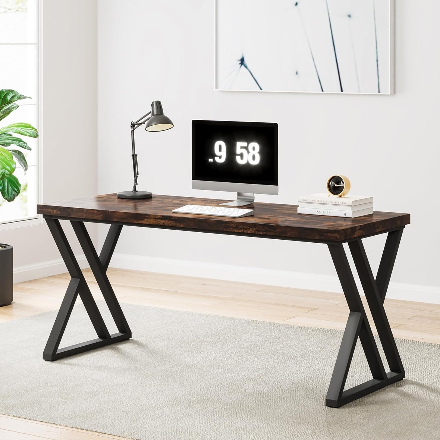 Writing Computer Desk, 55 Inch Heavy Duty Study Desk with Z-Shaped Metal Leg, Modern Simple Home Office Computer Desk, Rustic Brown