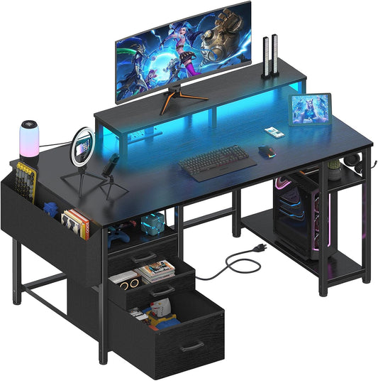 Gaming Desks with Led Lights and Power Outlets, 55 Inch Computer Desk with File Drawers Cabinet, Home Office Desk with Shelves Monitor Stand, Black