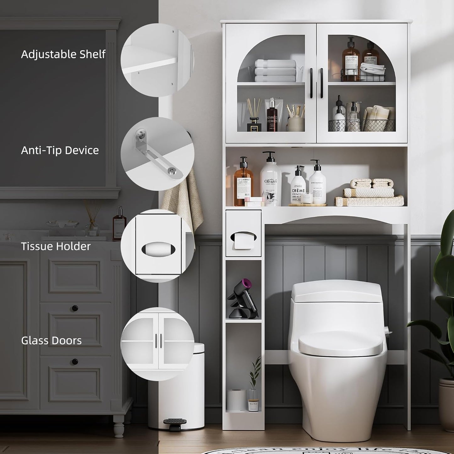 Over the Toilet Storage Cabinet, Bathroom Organizer over Toilet with Glass Doors, Storage Organizer Cabinet with Anti-Tip Device and Adjustable Shelf for Bathroom, White