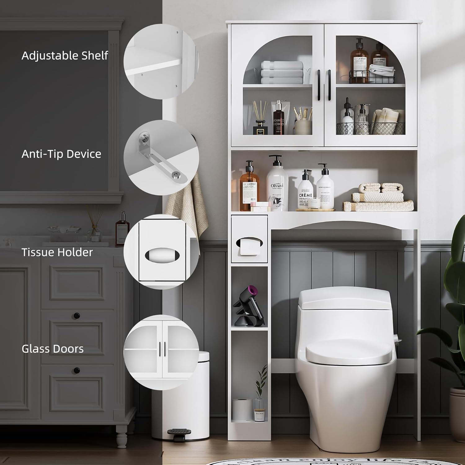 Over the Toilet Storage Cabinet, Bathroom Organizer over Toilet with Glass Doors, Storage Organizer Cabinet with Anti-Tip Device and Adjustable Shelf for Bathroom, White