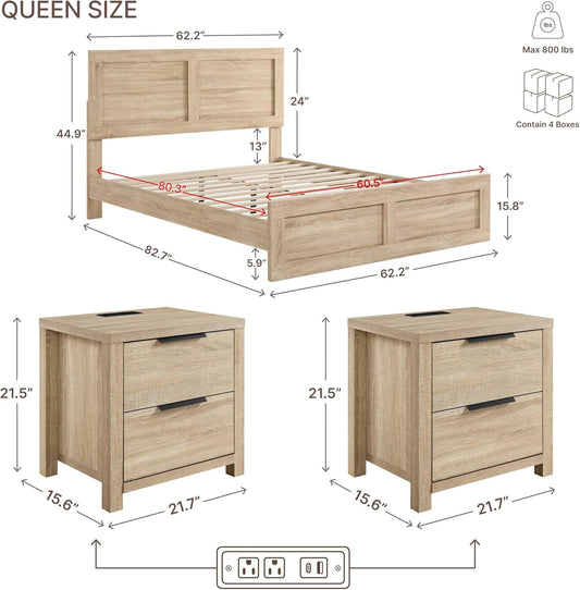 3 Pieces Bedroom Set, Queen Size Wood Platform Bed Frame and 2 Nightstands, Storage Nightstand with Type-C Charging Port, Farmhouse Bedroom Furniture Set