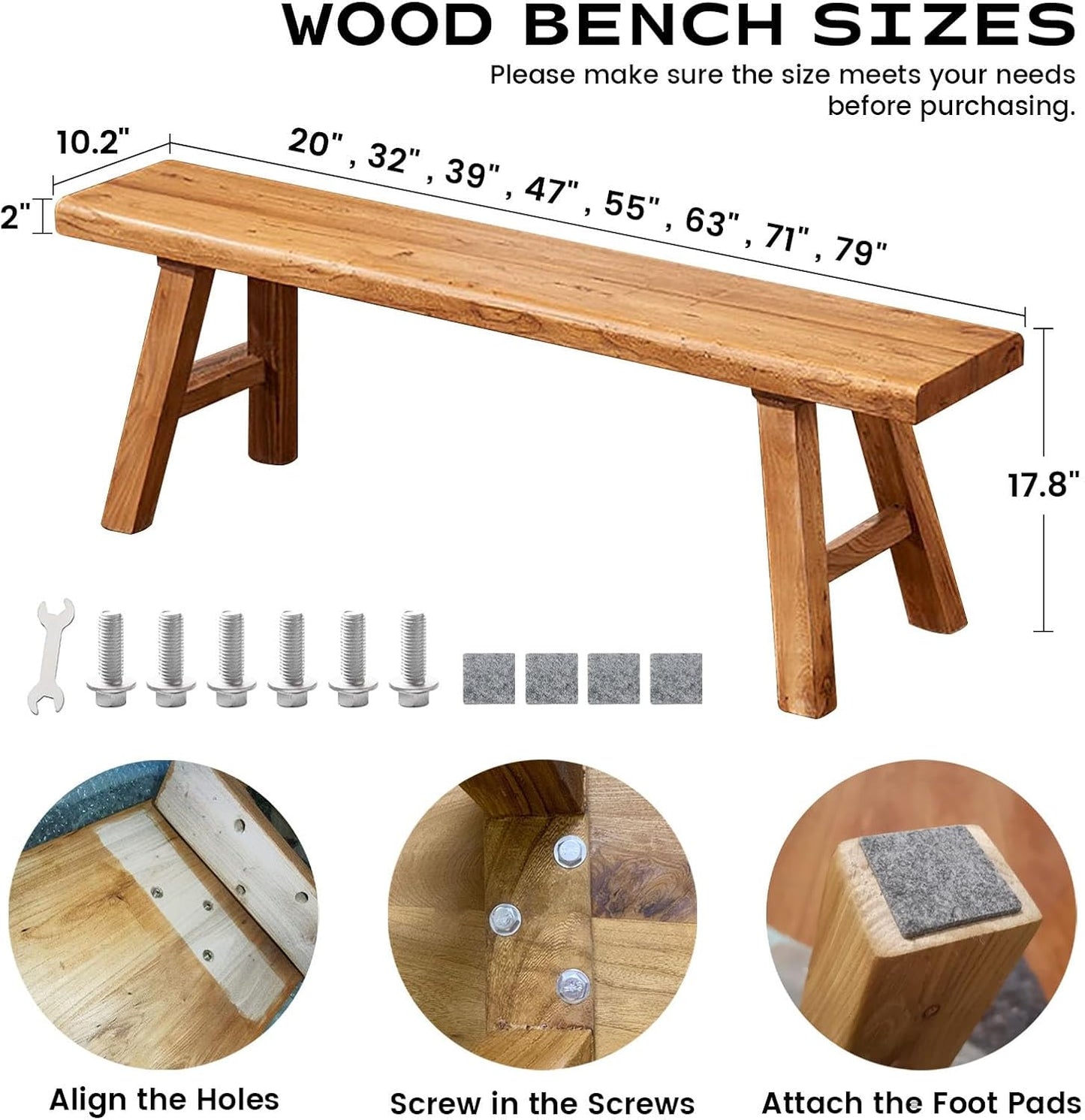 Farmhouse Wooden Dining Bench Indoor Natural Solid Wood Living Room Kitchen Long Bench 20" 32" 39" 47" 55" 63" 71" 79" Entryway Shoe Rack Bench for Bedroom Hallway Easy to Assemble Sturdy and Stable(4