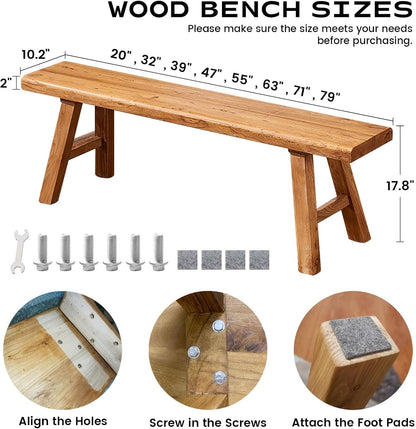 Farmhouse Wooden Dining Bench Indoor Natural Solid Wood Living Room Kitchen Long Bench 20" 32" 39" 47" 55" 63" 71" 79" Entryway Shoe Rack Bench for Bedroom Hallway Easy to Assemble Sturdy and Stable(4
