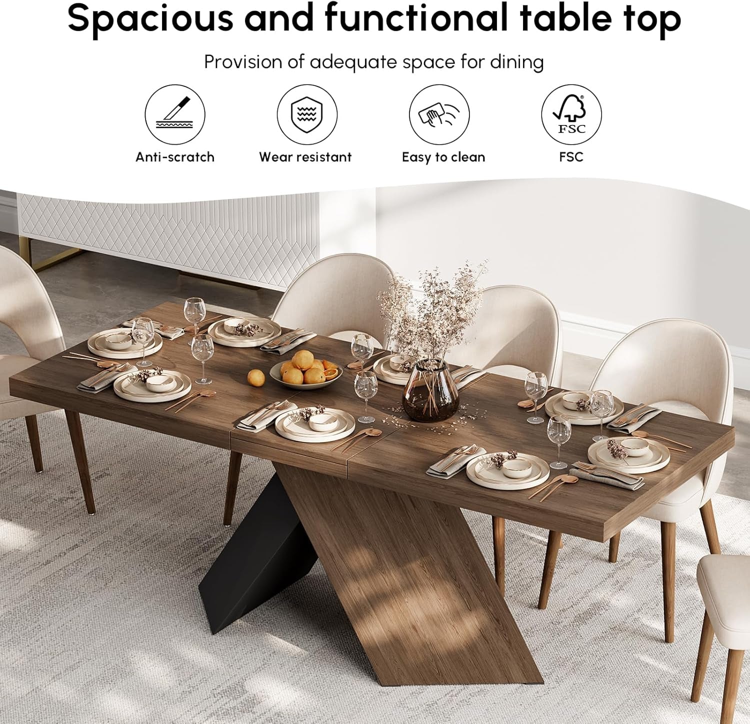 Extendable Dining Table with Walnut Finish, Modern Rectangle Kitchen Table W/Pedestal Base, Seats 6-8 (Walnut, 63"-79" (Seats 6-8))