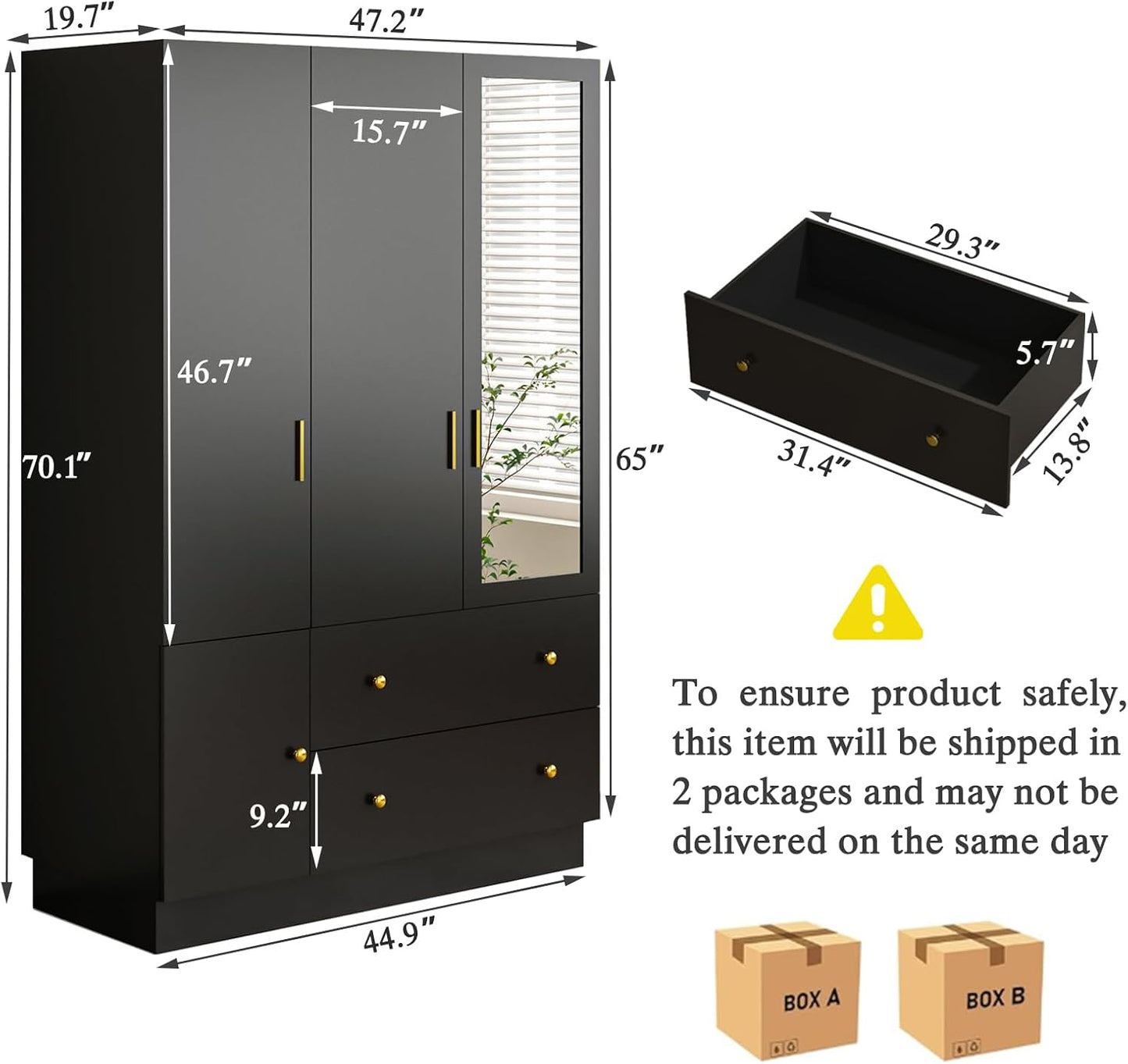 3 Doors Armoire Wardrobe Closet with Mirror & Organizers, LED Wooden Bedroom Armoires with Hanging Rod for Bedroom, Black