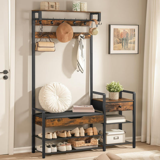 Hall Tree with Bench, Shoe and Coat Rack for Entryway, Coat Rack with Bench, Flip Top Storage Box, PU Cushioned Seat, Non-Woven Fabric Drawer, for Entrance, Rustic Brown and Black BF110MT01