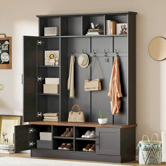 Farmhouse Wood Hall Tree with Shoe Bench and 2 Drawers, 4-In-1 Coat Rack with 6 Hooks for Entrance, Hallway, Mudroom Black