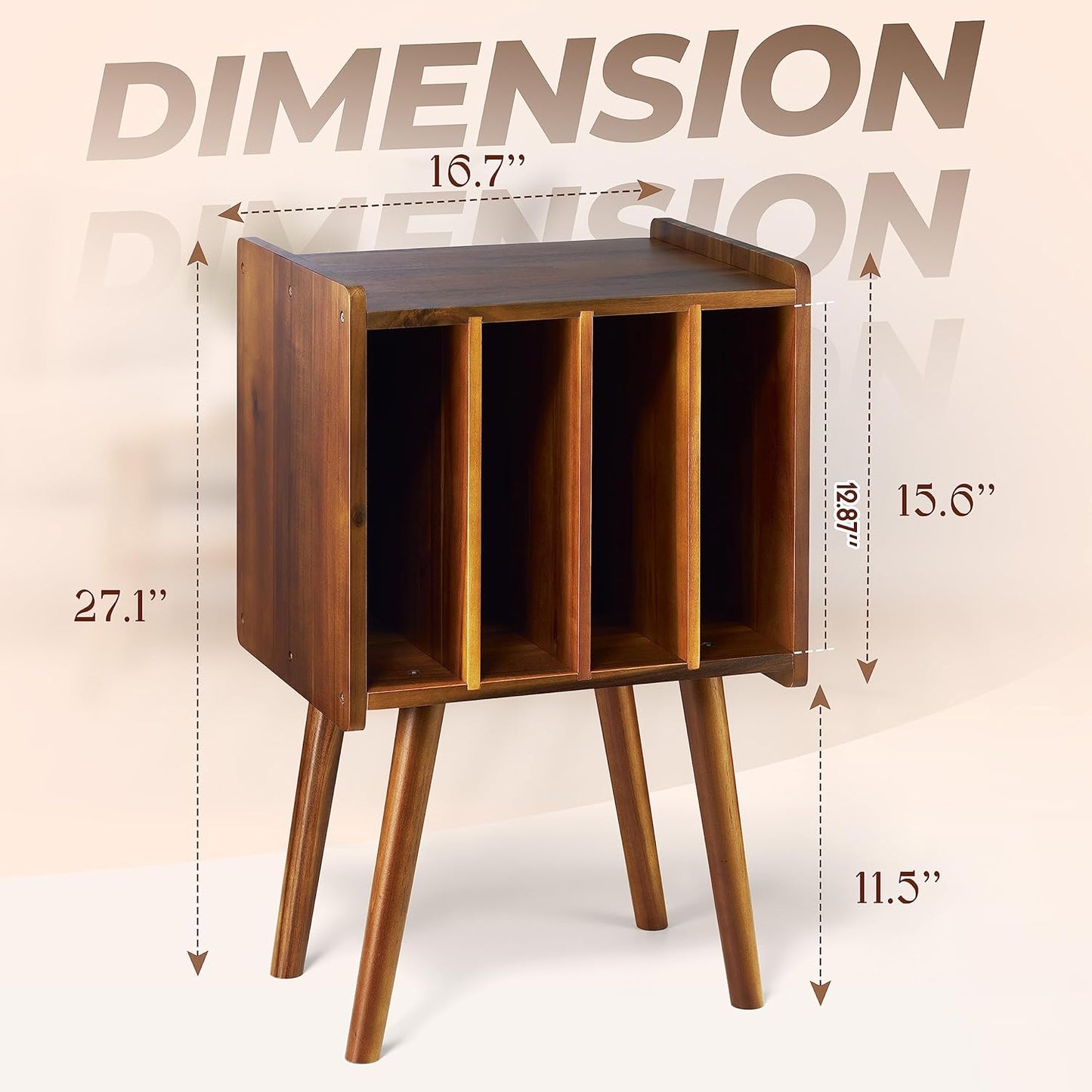 Wooden LP Record Player Stand with 4 Cabinets, Holds up to 100 Vinyls, Metal Record Storage Holder and Organizer Table, Classical Design for Files/Book (Mid-Century Modern)