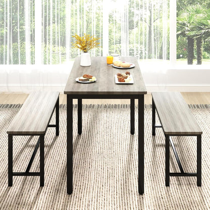Dining Room Table Chairs Set for 4, Modern Space Saving Kitchen Table with 2 Benches & Adjustable Feet Breakfast Table, Farmhouse Wooden Industrial Style, 43", Grey