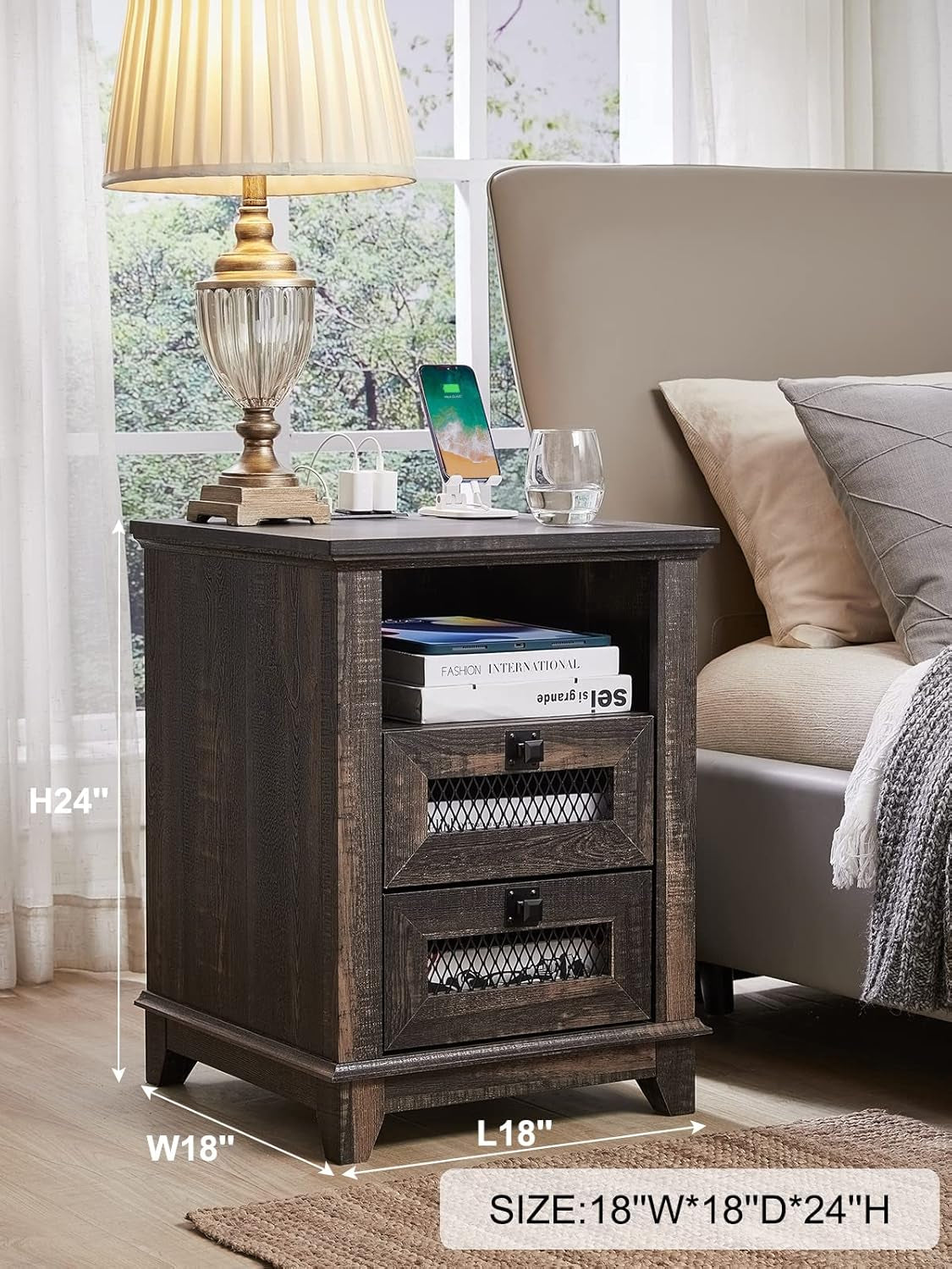 Nightstand with Charging Station, 18'' Industrial & Farmhouse End Table with 2 Drawers & Open Cubby, Rustic Mesh Drawer Sofa Side Table W/Storage for Bedroom, Living Room, Office, Dark Rustic Oak