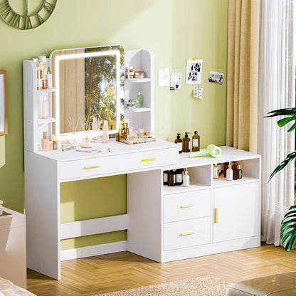 Vanity Desk with Mirror and Lights, 13 Storage Makeup Vanity with 4 Drawers and 8 Shelves, 62" Large Dresser Dressing Table with Power Outlet, 3 Lighting Modes, Silent Slides, White