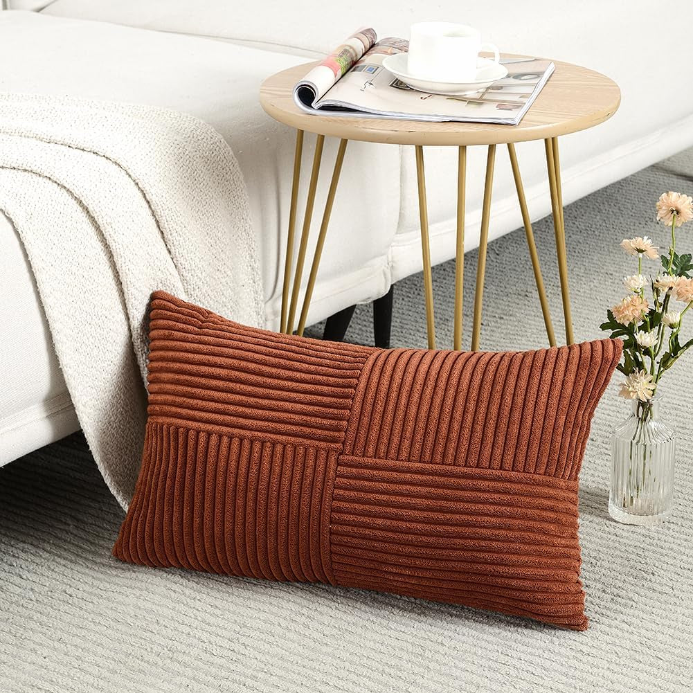 Rust Lumbar Decorative Throw Pillow Covers 12X20 Inch for Couch Bed Sofa, Rustic Farmhouse Boho Home Decor, Soft Striped Corduroy Rectangle Accent Terracotta Cushion Case 30X50 Cm