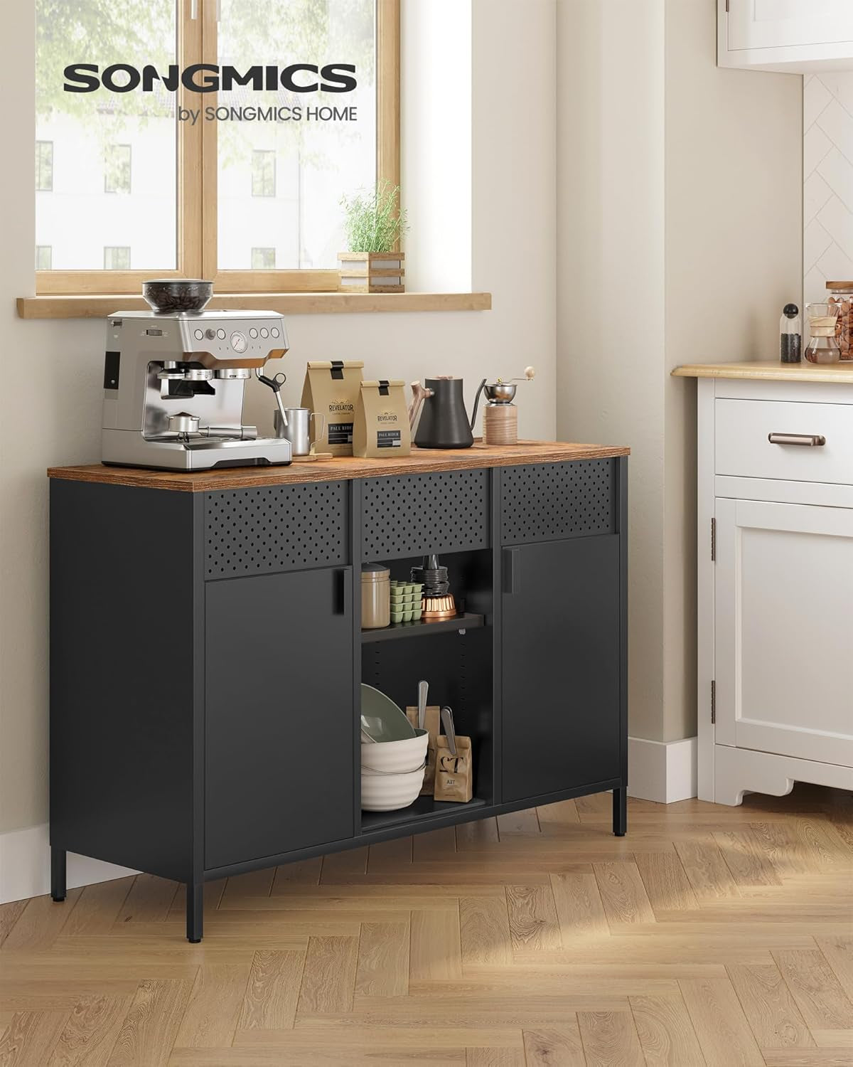 Storage Cabinet, Metal Cabinet, Sideboard with 2 Doors, 15.7 X 43.3 X 29.9 Inches, Magnetic Closure, Adjustable Shelves, Steel Frame, Rustic Brown and Matte Black ULSC204B01