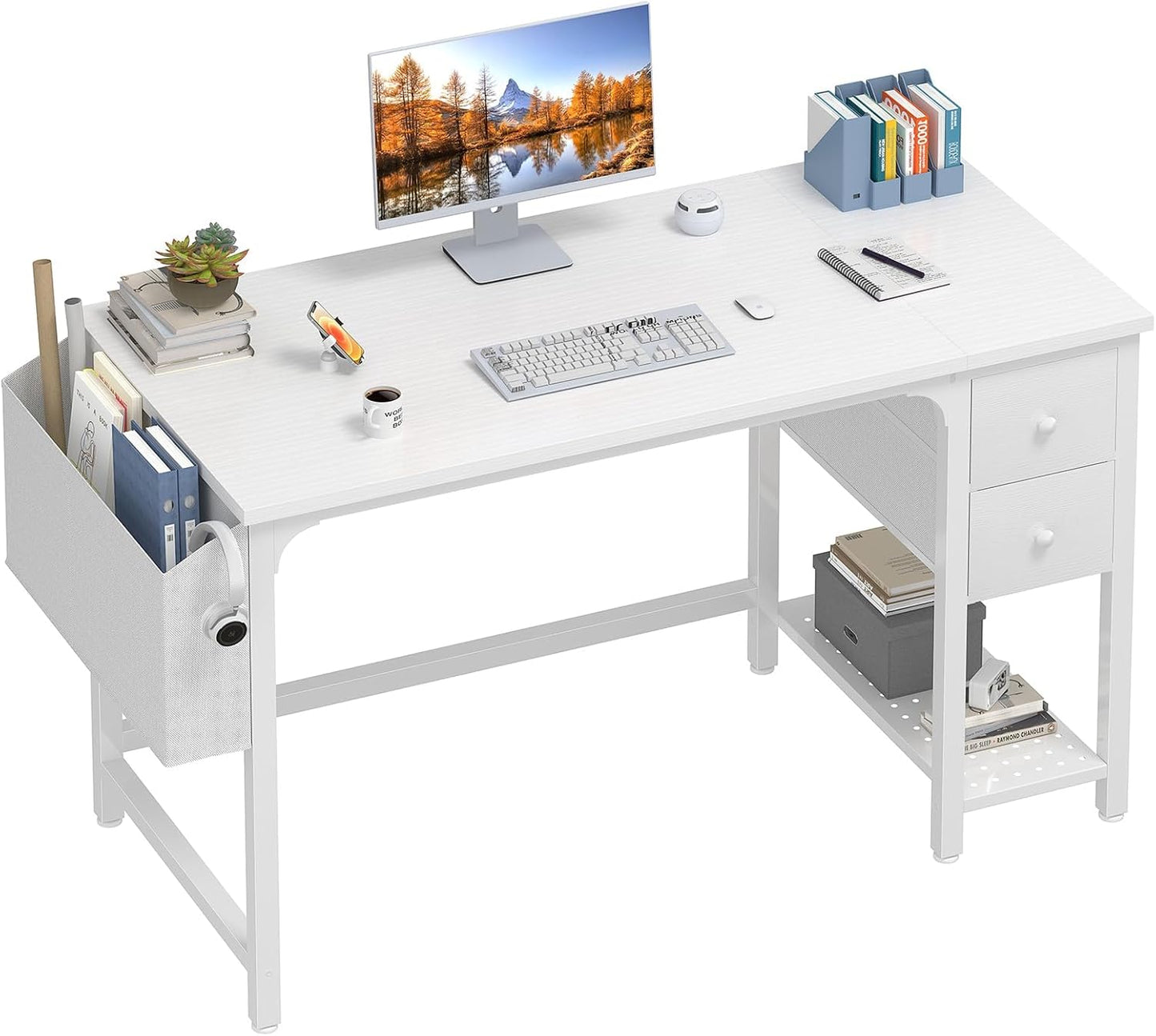 White Computer Desk with Drawers - 47 Inch PC Desk for Small Space Bedroom Home Office, Modern Simple Study Writing Table Desks with Storage Shelf, White