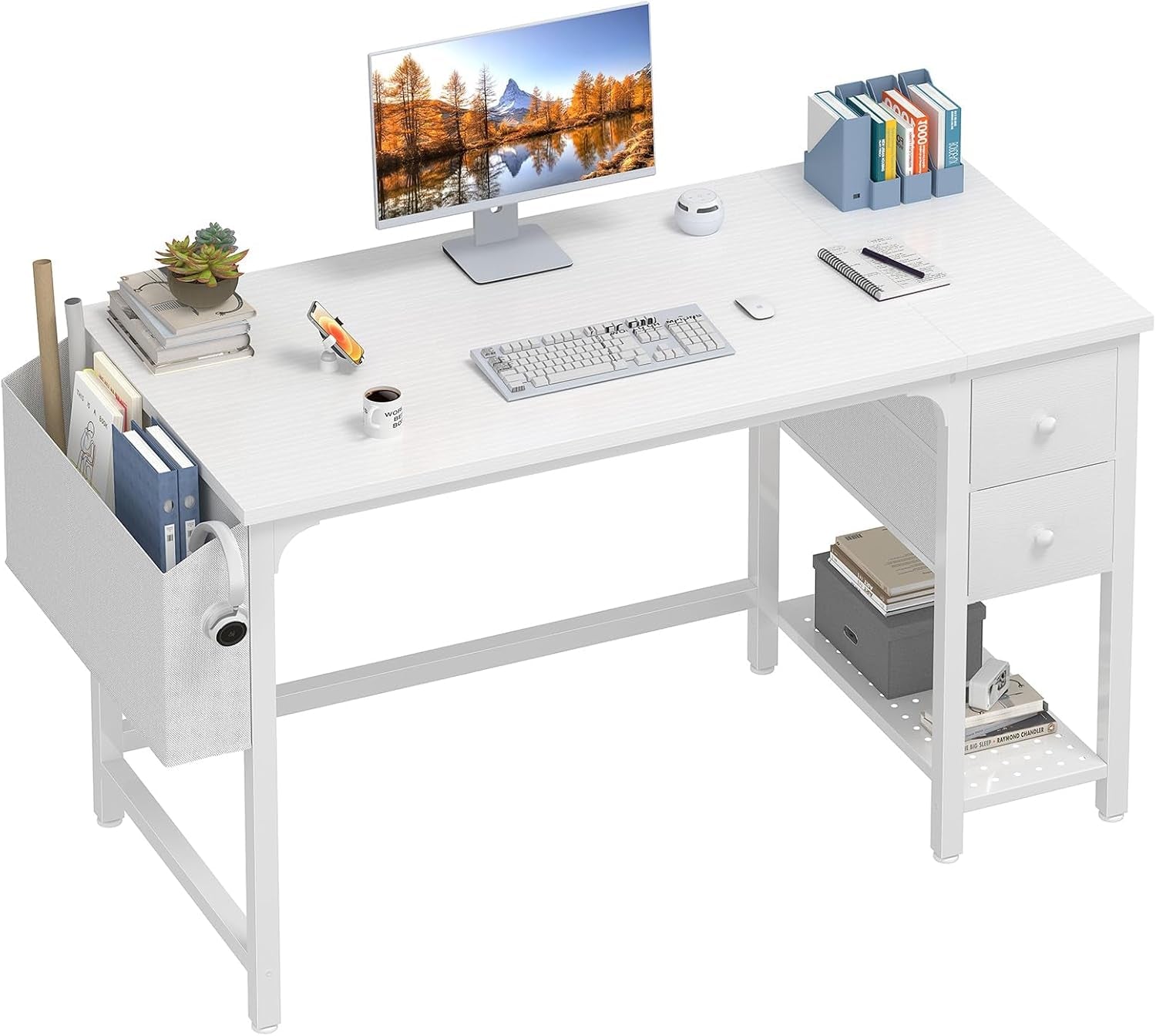 White Computer Desk with Drawers - 47 Inch PC Desk for Small Space Bedroom Home Office, Modern Simple Study Writing Table Desks with Storage Shelf, White
