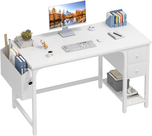 White Computer Desk with Drawers - 47 Inch PC Desk for Small Space Bedroom Home Office, Modern Simple Study Writing Table Desks with Storage Shelf, White