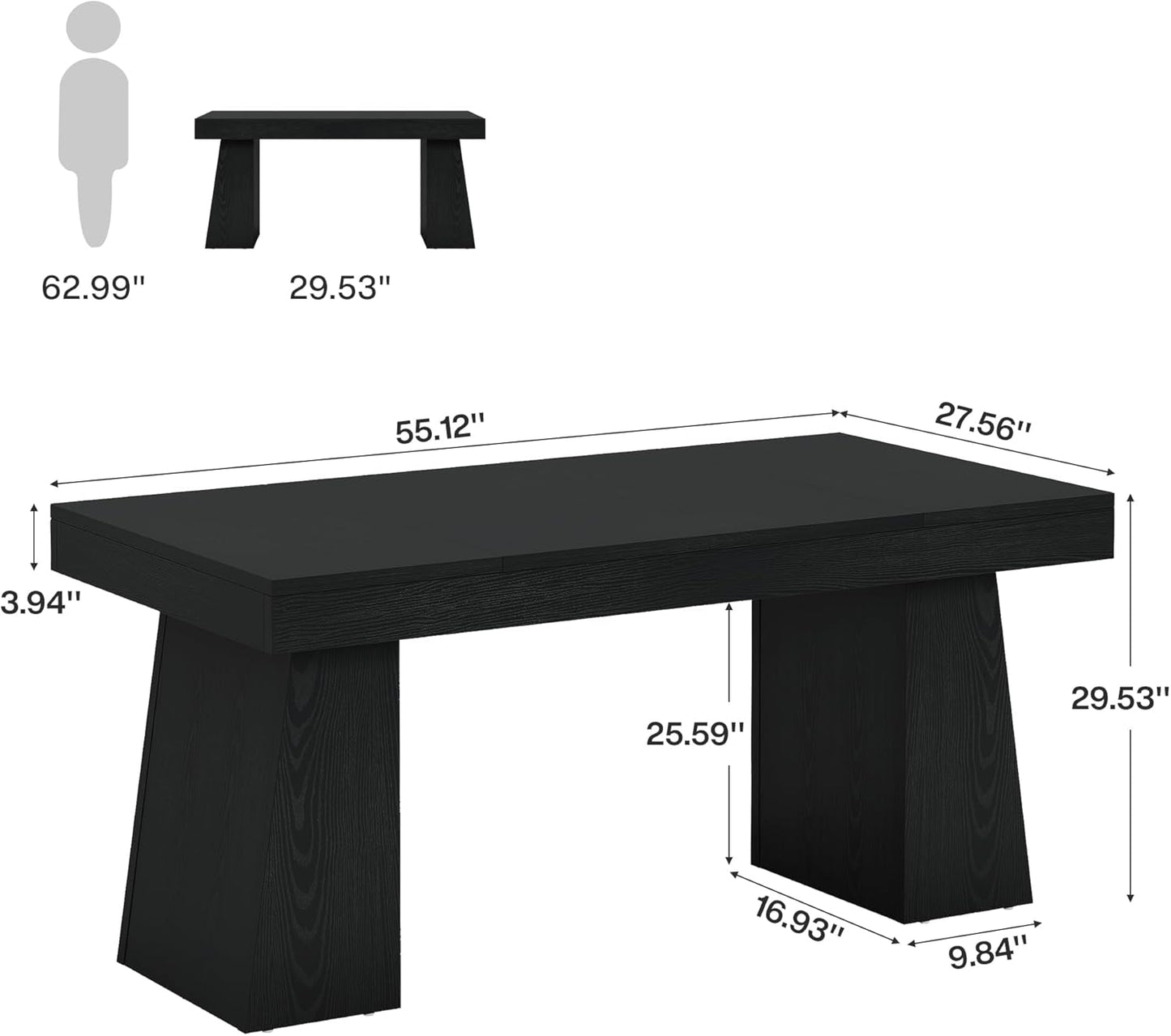 55" Executive Desk, Wooden Office Desk with Double Pedestal, Modern Simple Computer Writing Table for Home Office, Black
