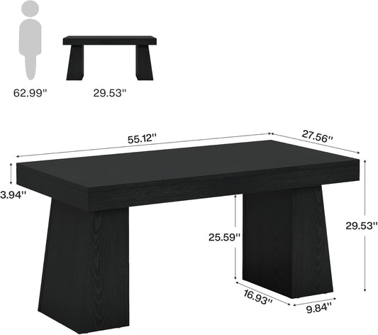 55" Executive Desk, Wooden Office Desk with Double Pedestal, Modern Simple Computer Writing Table for Home Office, Black
