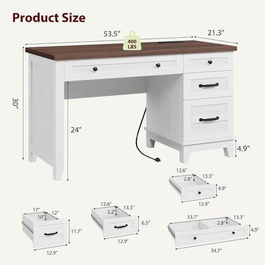 53.5" Wooden Home Office Desk with File Drawers, Executive Desk with Power Outlet, Farmhouse Wood Desk with Storage, Distressed Study and Work Table, Rustic White