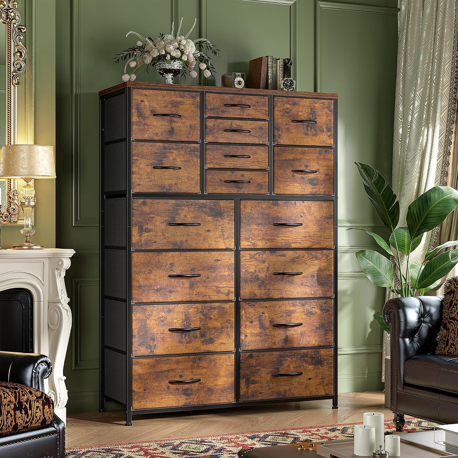 57“H Dresser for Bedroom with 16 Drawers,Fabric Dressers & Chests of Drawers for Bedroom,Large Dresser, Sturdy Metal Frame & Wood Top,Entryway, Hallway(Rustic Brown)