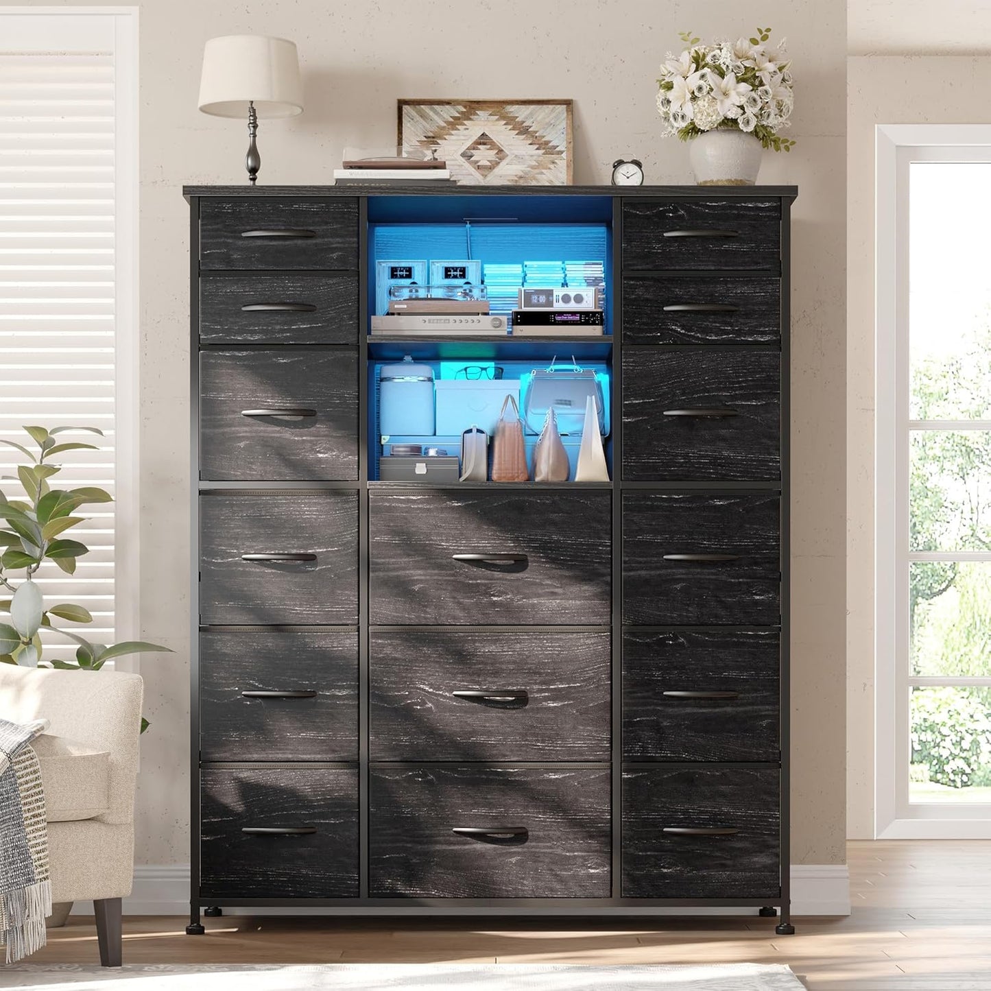 51" H Dresser with 15 Drawers Dresser for Bedroom with Charging Station & LED Lights & Hutch Sturdy Black Bedroom Dressers, Steel Frame, Wood Top, 51.2" H X 39.3" W X 11.8" D