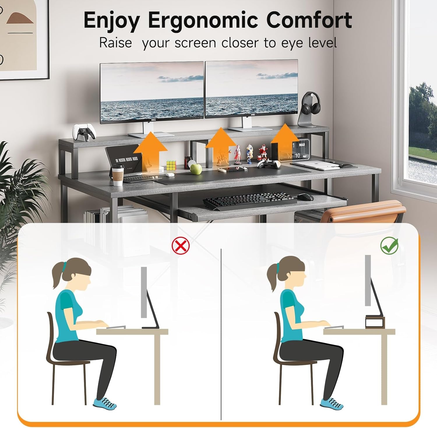Computer Desk- 48 Inch Home Office Desk with Keyboard Tray, 47" Gaming Desk with Full Monitor Stand & Storage Shelves & CPU Stand, Modern Study Writing Table with Shelf for Storage, Gray Oak