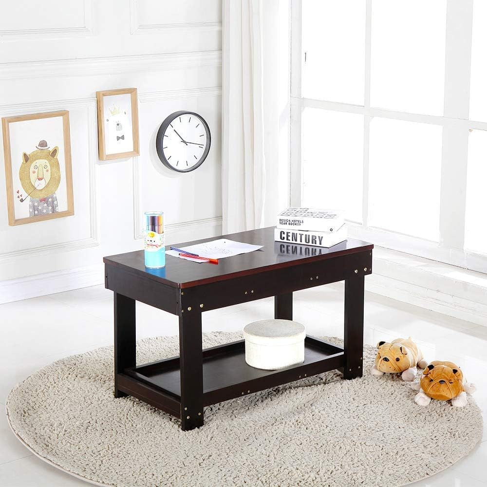 Kids Activity Table with Board for Bricks Activity Play Table (Dark Brown)