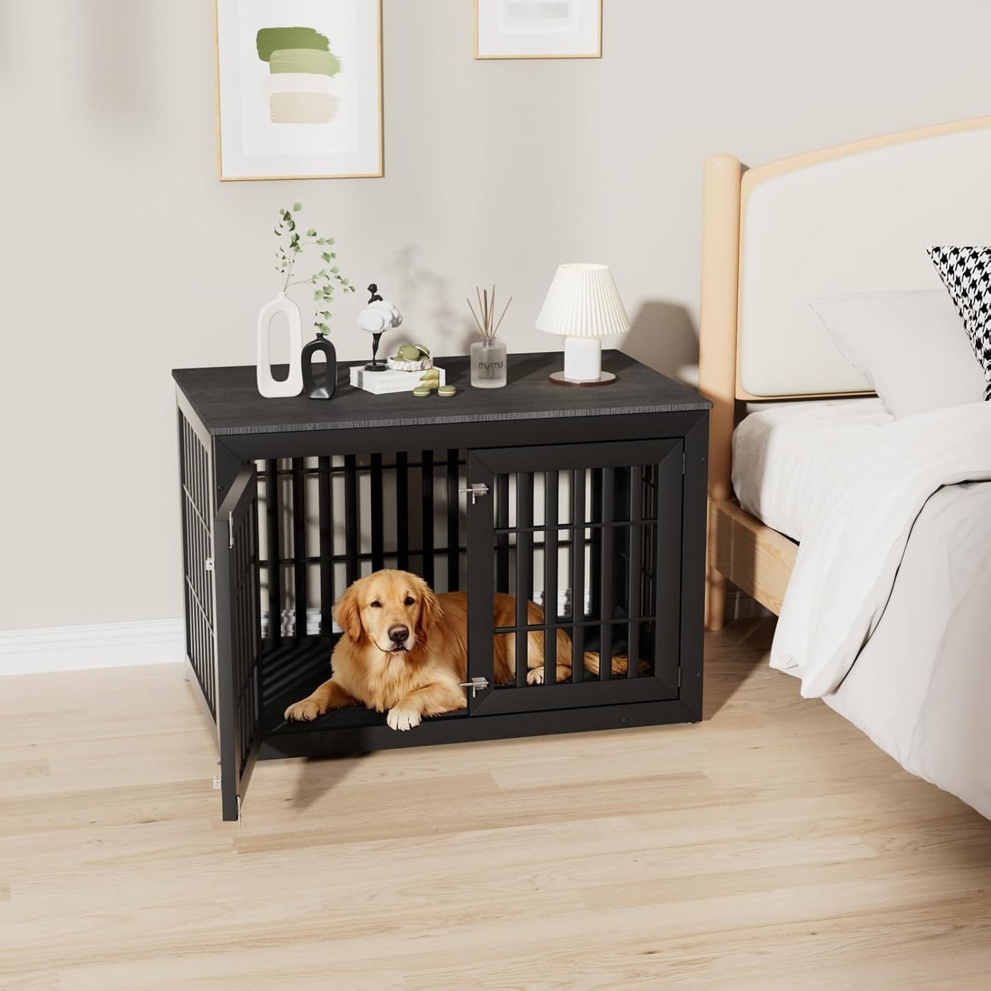 48 Inch Heavy-Duty Dog Crate Furniture, Decorative Wooden End Table Kennel with Waterproof Top & Wide Metal Tubes, for Large & Extra Large Dogs, Black