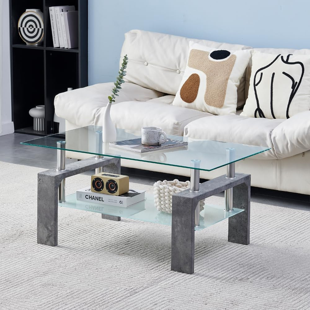 Living Room Rectangle Coffee Table, Tea Table Suitable for Waiting Room, Modern Side Coffee Table with Wooden Leg, Glass Tabletop with Lower Shelf,Grey Marble