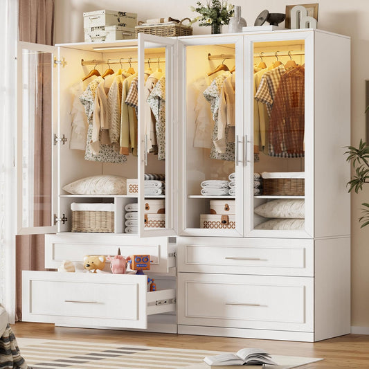 Armoire Wardrobe Closet with Glass Door and Drawers, Bedroom Closet Wardrobe Cabinet with Hanging Rod, Lighted Freestanding Armoire Storage Cabinet for Bedroom Cloakroom White