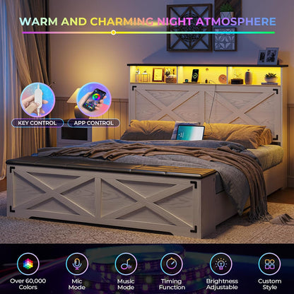 Farmhouse Queen Bed Frame with Storage Headboard, Charging Station and LED Lights Queen Size Platform Bed Frame with Storage Ottoman, Metal Slats Support, No Box Spring Needed, Antique White