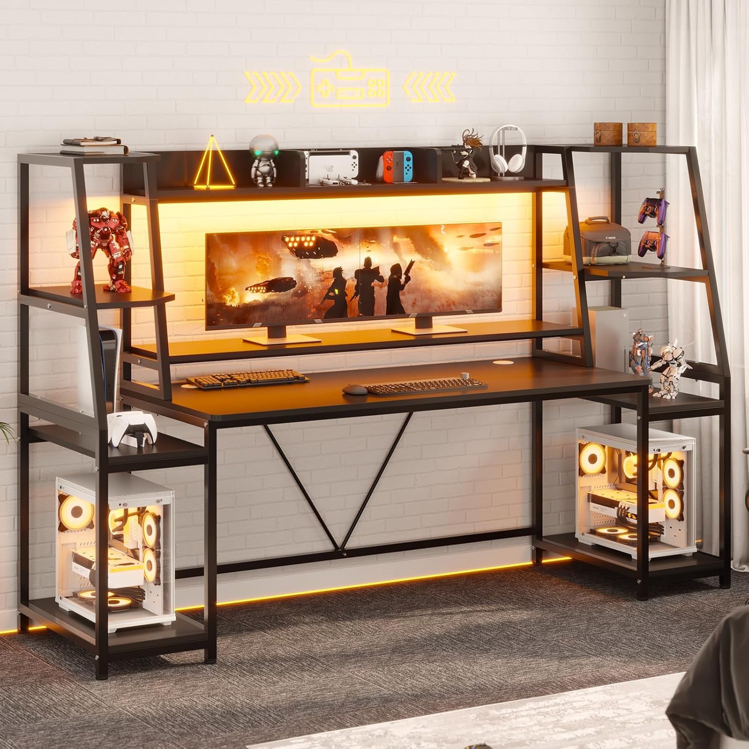 Gaming Desk 78.8'' with LED Lights, Hutch and Storage Shelves, Computer Desk with Monitor Stand, Large PC Gamer Desk Workstation, Ergonomic Gaming Table for Bedroom, Living Room, Black