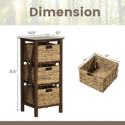 Nightstand Set of 2 with 3 Wicker Storage Baskets, Sofa Side Table with Rubber Wood X-Shaped Frames & Acacia Wood Legs, Bedside Table, End Table for Bedroom, Small Space