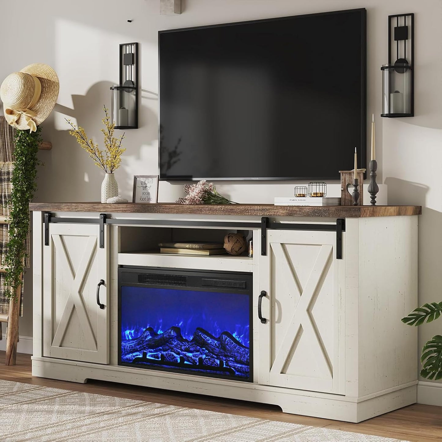 Fireplace TV Stand with Sliding Barn Door for Tvs up to 73", Farmhouse 63" Fireplace Entertainment Center with Storage Cabinets/Adjustable Shelves, Distressed White & Barnwood