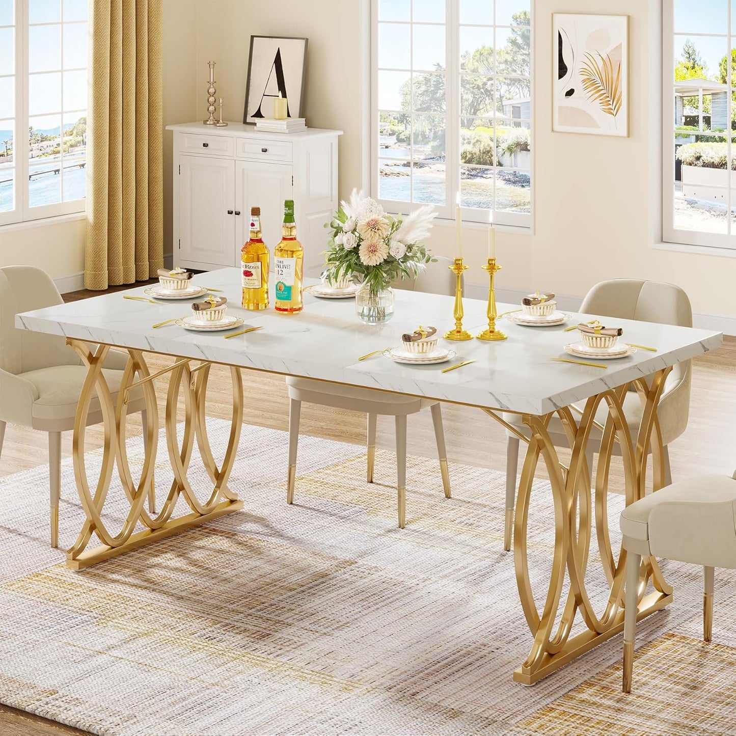 Modern Dining Table, 63" Large Kitchen Table for 4-6 People, Unique Rectangular Dinner Table Kitchen & Dining Room Furniture with Faux Marble Tabletop and Geometric Legs