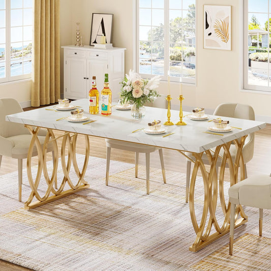 Modern Dining Table, 63" Large Kitchen Table for 4-6 People, Unique Rectangular Dinner Table Kitchen & Dining Room Furniture with Faux Marble Tabletop and Geometric Legs