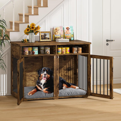 Dog Crate Furniture for 2 Dogs, 55 Inch Dog Crate Indoor with Removable Divider and Shelf Storage, Wooden Dog Crates for Medium Dogs, White